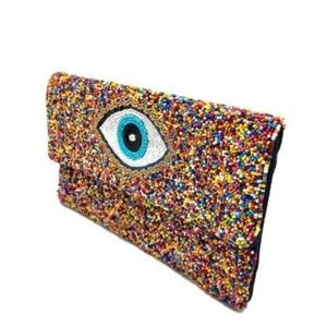 Evil Eye Clutch, multicolored rainbow seed beads